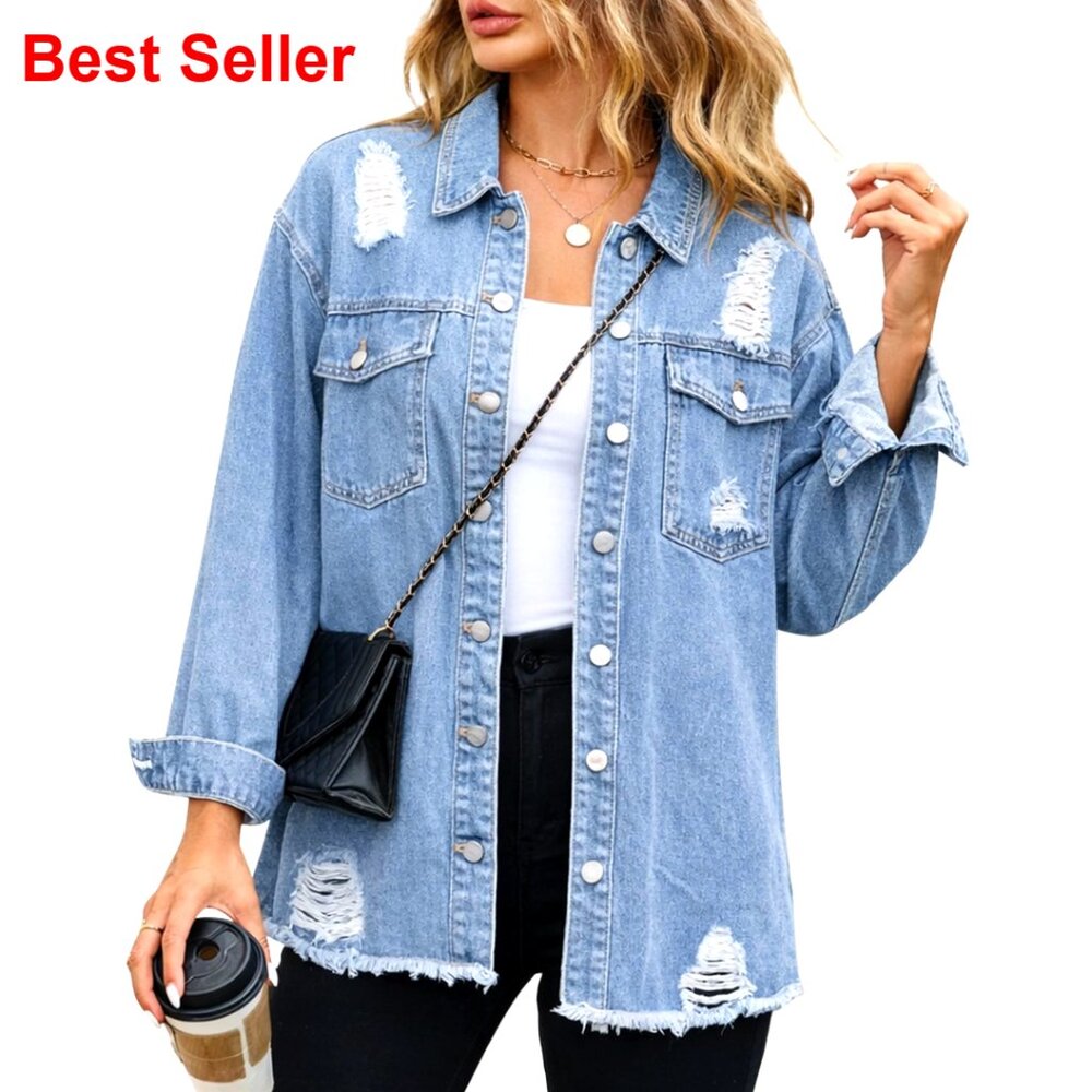 Oversized Denim Jacket Distressed Long Sleeve Ripped Shacket Casual Fit